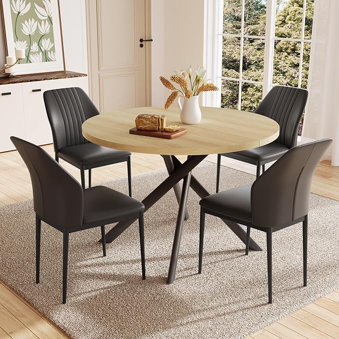 45.3 Inch Round Dining Table Set for 4, Mid Century Modern Coffee Set for Dining Room Kitchen Apartment (Cream Table + 4 Black Chairs)