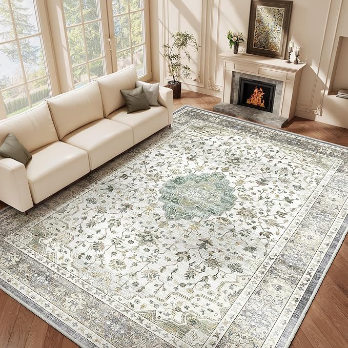 HOMFINE Machine Washable Rug 9'x12' - Vintage Design Area Rugs with Non Slip Rugs for Living Room Bedroom Floral Print Rug Carpet Stain Resistant, Home Decor Office Area Rug, Beige Green