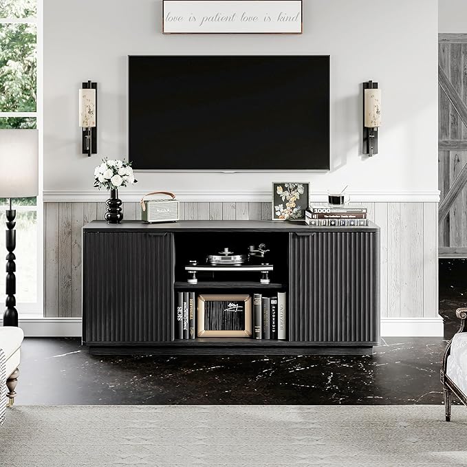 60'' Fluted TV Stand, Console Table, Mid Century Modern Curved TV Stands with Water Wave Shaped Door, Entertainment Center with Metal Handle, Living Room (Advanced Black Wood Grain)