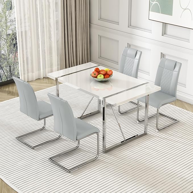 Dining Table Chairs Set for 4, Modern Rectangular Dining Room Table Set PU Leather Upholstered Dining Chairs 55" Dinner Table Set for Kitchen, Dining Room