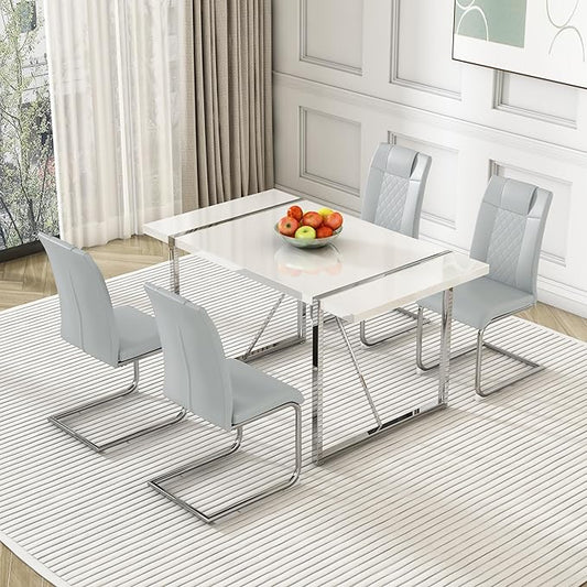 Dining Table Chairs Set for 4, Modern Rectangular Dining Room Table Set PU Leather Upholstered Dining Chairs 55" Dinner Table Set for Kitchen, Dining Room