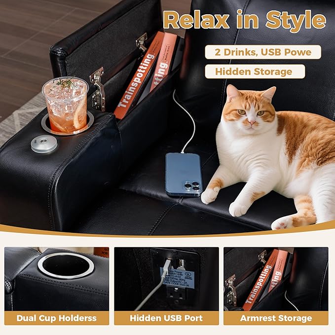 ANJ Black Power Recliner Chair Electric Home Theater Seating Soft Leather Movie Chair for Living Room Overstuffed Single Reclining Sofa with Hidden Arm Storage, Cup Holders and USB Ports (Black)
