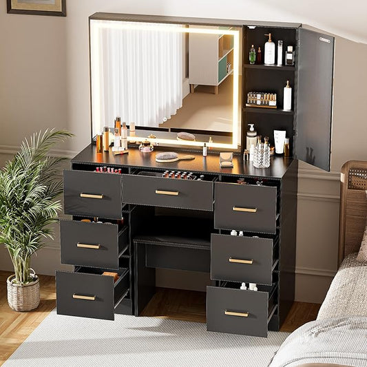 Black Vanity Desk with Mirror and Lights, Makeup Table with 44.8" Oversized Vanity Mirror Dressing Table Set with Stool, 7 Drawers and Storage Cabinet for Bedroom Dressing Room