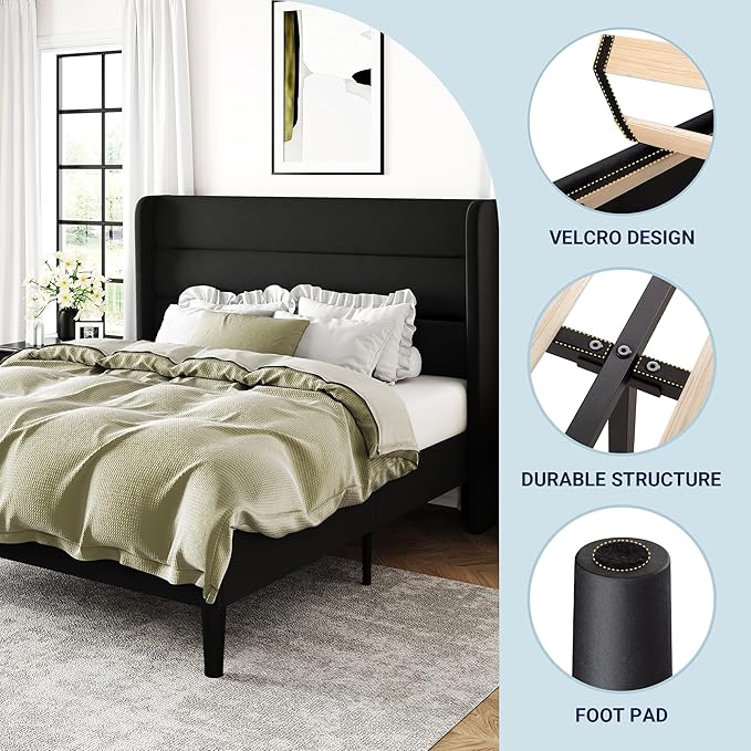 Allewie Queen Size Platform Bed Frame with Velvet Upholstered Wingback Headboard, No Box Spring Needed, Under Bed Storage Space, Strong Wooden Slats, Modern Mattress Foundation, Easy Assembly, Black