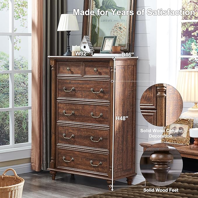 T4TREAM Farmhouse 6 Drawers Dresser Chests for Bedroom w/4 Solid Wood Feet & Column Decor, Tall Wood Country Rustic Chest of Drawers, Storage Dressers for Bedroom, Living Room,Reclaimed Barnwood Color