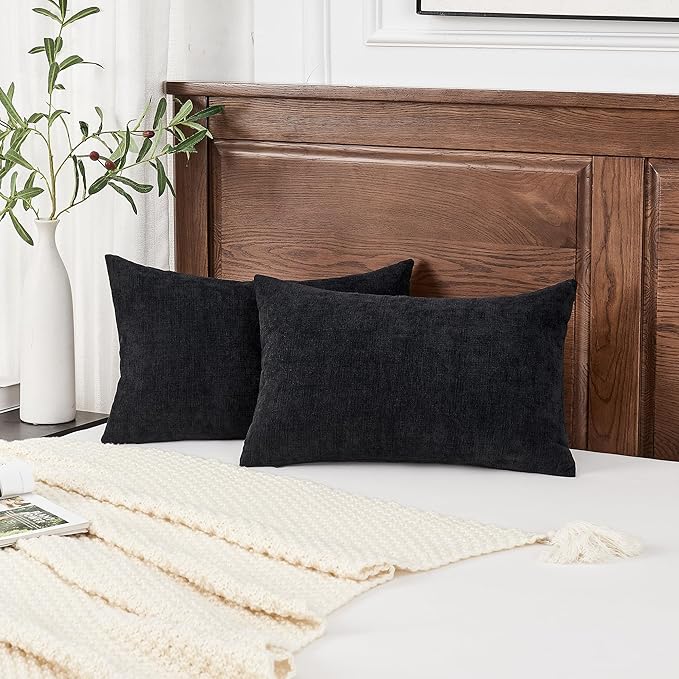 GAWAMAY Lumbar Pillow Cover Decorative Rectangle Throw Pillow Covers 12"x20" Inch Set of 2, Super Soft Chenille Pillowcase for Living Room Bedroom Sofa Couch Cushion Cover Black 30x50cm (No Insert)