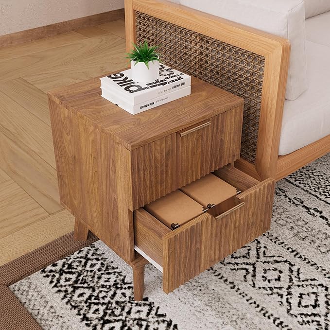Fluted 2 Drawer Small Dresser for Bedroom, Mid Century Modern Nightstand with Drawers, Low Bedside Table with Drawers, End Table Short Storage, Living Room, Dorm -Walnut