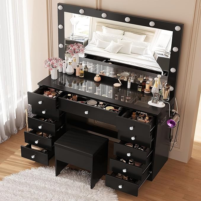 IRONCK 46'' Makeup Vanity Set with LED Mirror & Power Outlet - 11 Drawers, Glass Top, Hair Dryer Rack, Dressing Table with Storage Bench for Bedroom, 3 Lighting Color Adjustable, Black