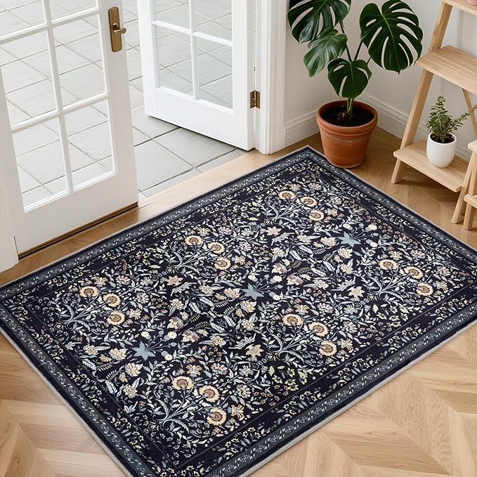 Area Rug Kitchen Rugs, 2X3 Small Washable Rug Floral Modern Kitchen Mats for Floor, Soft Door Mat Indoor Entrance Ultra-Thin, Non-Slip Stain Resistantg Rugs for Entryway, Kitchen, Kids Room, Black