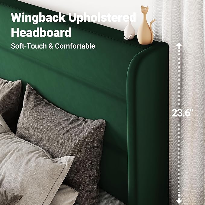 Allewie Queen Size Platform Bed Frame with Velvet Upholstered Wingback Headboard, No Box Spring Needed, Under Bed Storage Space, Strong Wooden Slats, Modern Mattress Foundation, Easy Assembly, Green