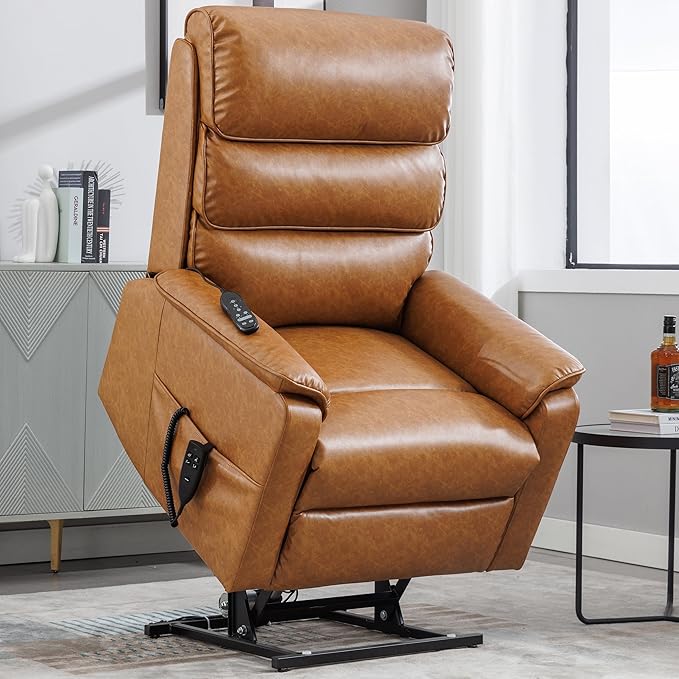 Lay Flat Lift Chair with Heat and Massage, Dual Motor Recliner with Infinite Position, Up to 350 LBS Electric Power Lift, Yellow Brown Leather Recliner