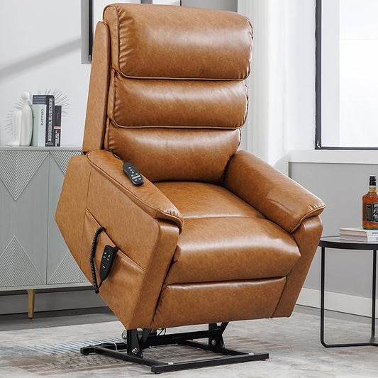 Lay Flat Lift Chair with Heat and Massage, Dual Motor Recliner with Infinite Position, Up to 350 LBS Electric Power Lift, Yellow Brown Leather Recliner