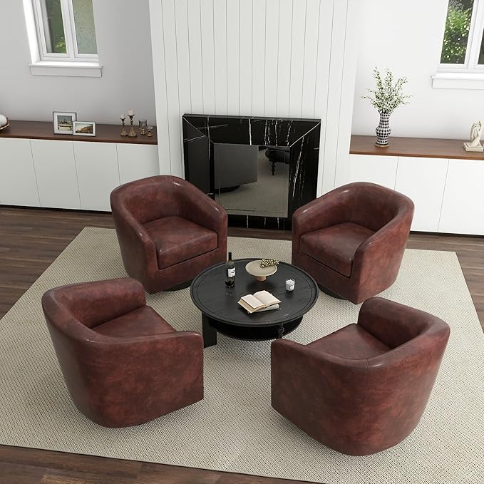 UIXE PU Leather Swivel Accent Chairs Set of 4, Barrel Club Chair Upholstered Armchair for Living Room - Red Brown