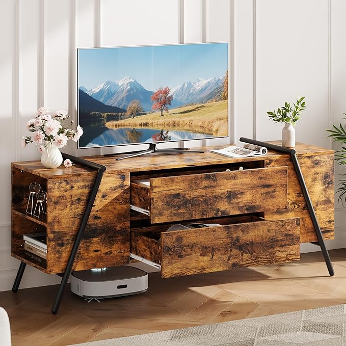 GarveeHome 55" Modern TV Stand with 2 Drawers, Adjustable Shelves, U-Shaped Metal Legs, Farmhouse Entertainment Center, Wooden TV Console for Living Room, Bedroom, Amber Oak