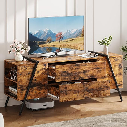 GarveeHome 55" Modern TV Stand with 2 Drawers, Adjustable Shelves, U-Shaped Metal Legs, Farmhouse Entertainment Center, Wooden TV Console for Living Room, Bedroom, Amber Oak