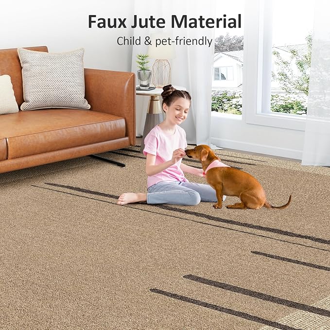 Easy Jute Area Rug 8x10, Large Living Room Washable Rug Indoor Outdoor Patio 8x10 Carpet, Farmhouse Irregular Pattern Throw Non Slip Black Carpet for Backyard Dining Room, Brown/Black