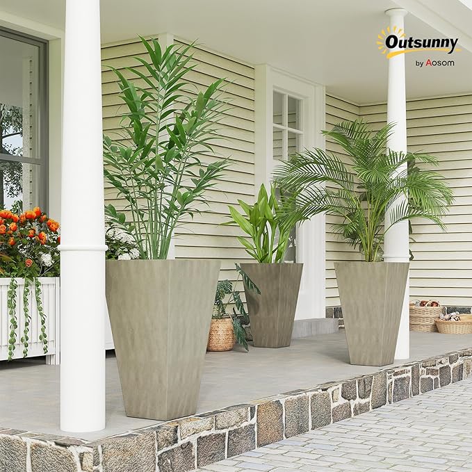 Outsunny Tall Planters for Outdoor Plants Set of 3, 28 in Taper Planters with Drainage Holes, Indoor Grande Plant Pots, Front Porch Decor, Grey