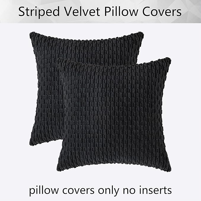 Kevin Textile Pack of 2 Corduroy Decorative Throw Pillow Covers 24x24 Inch Soft Boho Striped Pillow Covers Modern Farmhouse Home Decor for Spring Sofa Living Room Couch Bed Black