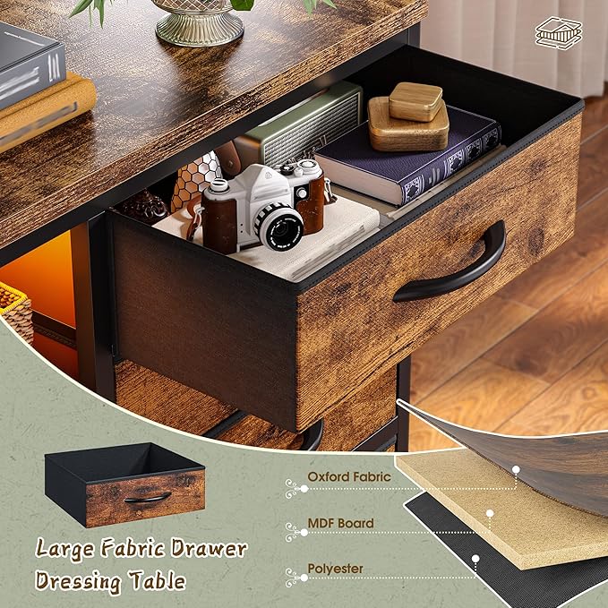 TV Stand with 12 Fabric Drawers for 55 inch TV, Entertainment Center with Charging Station & LED Lights, TV Media Console Table with 2 Open Storage Shelves for Living Room, Dorms, Wood Top, Brown