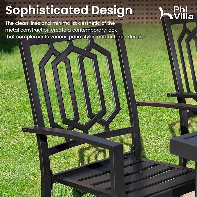 PHI VILLA Outdoor Table & Chairs Wrought Iron Patio Furniture 7 Piece, Large Dining with Umbrella Hole 6 Backyard Garden Support 300LBS for Deck, Lawn, Garden, Black Style 3, Brown-64'' x 38'' 29''