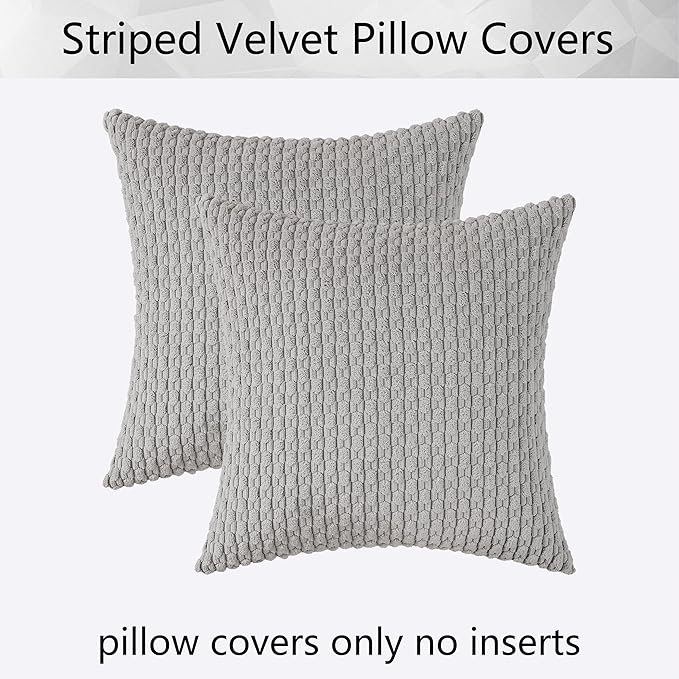 Kevin Textile Super Soft Plush Corduroy Solid Textured Large Boho Throw Euro Pillow Sham Cushion Cover for Couch Floor 2 Pcs 24 x 24 Inch (60cm) Light Grey