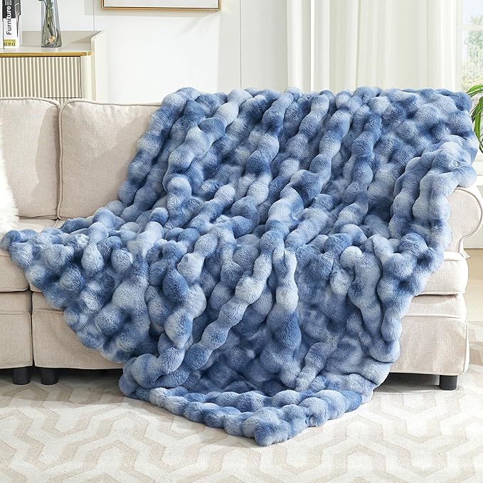 Ultra Plush Bubble Faux Rabbit Fur Blanket – 950GSM Thick Fluffy Throw Blanket for Bed, Couch, Sofa, or Gift, 60" × 80", Tie-dye Blue