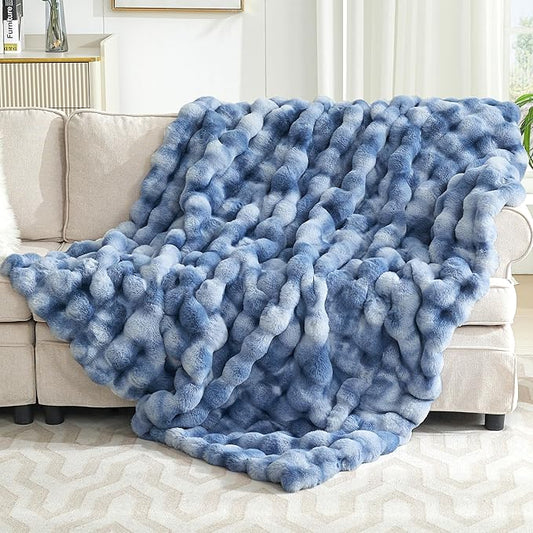 Ultra Plush Bubble Faux Rabbit Fur Blanket – 950GSM Thick Fluffy Throw Blanket for Bed, Couch, Sofa, or Gift, 60" × 80", Tie-dye Blue
