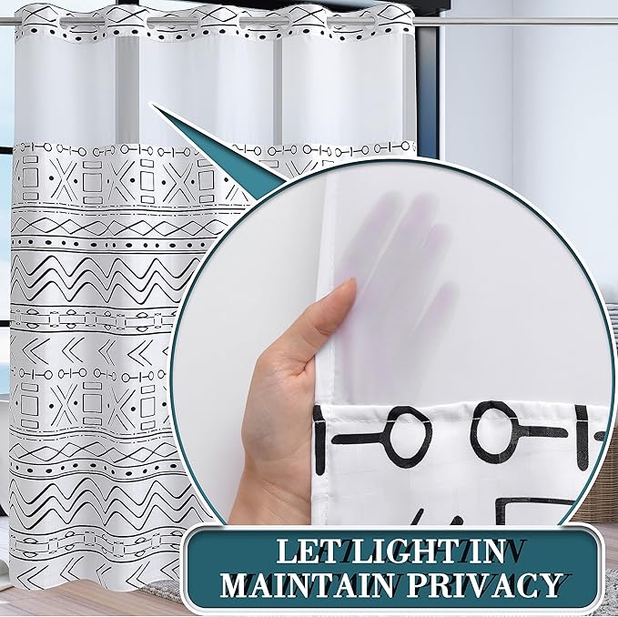 Extra Long No Hook Boho Shower Curtain with Snap in Liner Set, Hotel Luxury White Shower Curtains for Bathroom with See Through Top Window, Waterproof, Washable 71W x 84H
