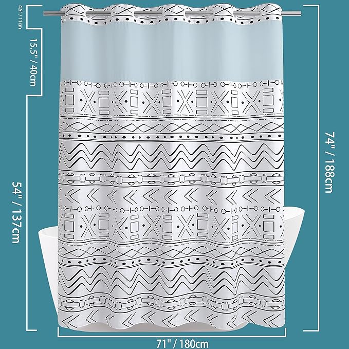 Conbo Mio No Hook Boho Shower Curtain with Snap in Liner Set, Hotel Luxury White Shower Curtains for Bathroom with See Through Top Window, Waterproof, Washable 71W x 74H