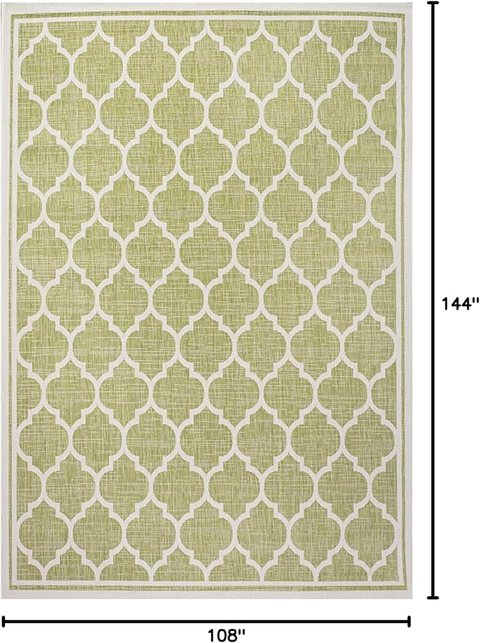 Eyely BMS109G-9 Santa Monica Trebol Moroccan Trellis Textured Weave Indoor/Outdoor Area Rug Coastal;Bohemian, Bedroom, Backyard, Patio, Easy-Cleaning, Non-Shedding, 9 X 12, Green/Cream