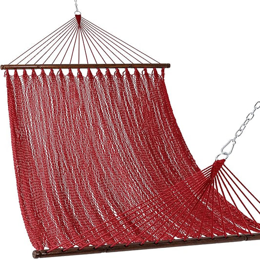 Lazy Daze Hammocks 10.5 FT Double 2 Person Caribbean Rope Hammock, Hand Woven Polyester Hammock with Spreader Bars, for Outside Outdoor Backyard Patio Poolside,450 LBS Capacity,Red