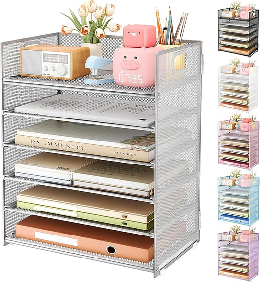 Subekyu 6 Tier Paper Organizer for Desk with Handle, Metal Mesh Desk Office File Folder Paper Letter Tray Accessories Organizer Sorter for Home, School, Office Desktop Document Organization - Silver