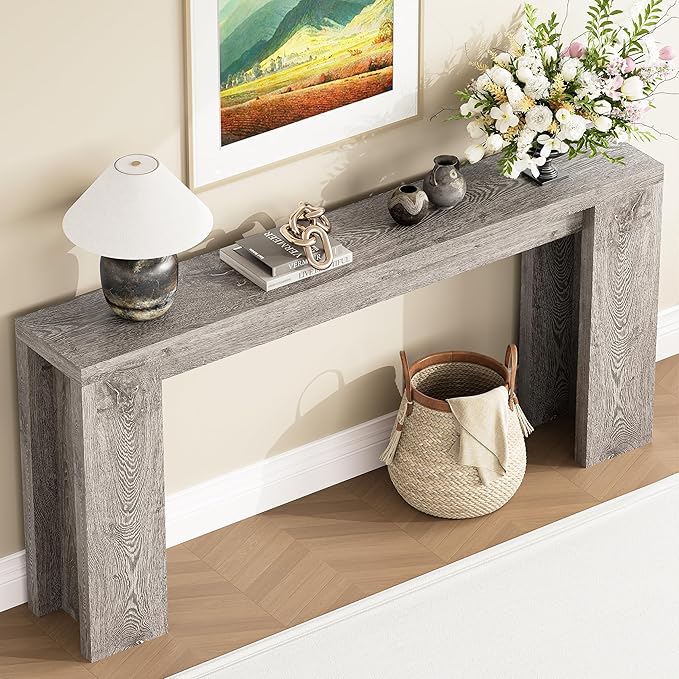 70.9 Inch Extra Long Console Table, Farmhouse Entryway Table with Thickened Base, Wood Sofa Table Behind Couch Table, Narrow Entry Way Accent Table for Living Room, Hallway, Entrance, Foyer, Grey
