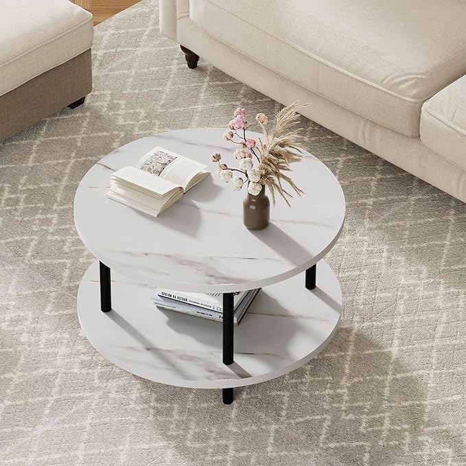 Round Coffee Table, 23.6" Circle Coffee Table for Living Room, 2-Tier Wood Accent Center Table with Open Storage Industrial Design Home Furniture, White