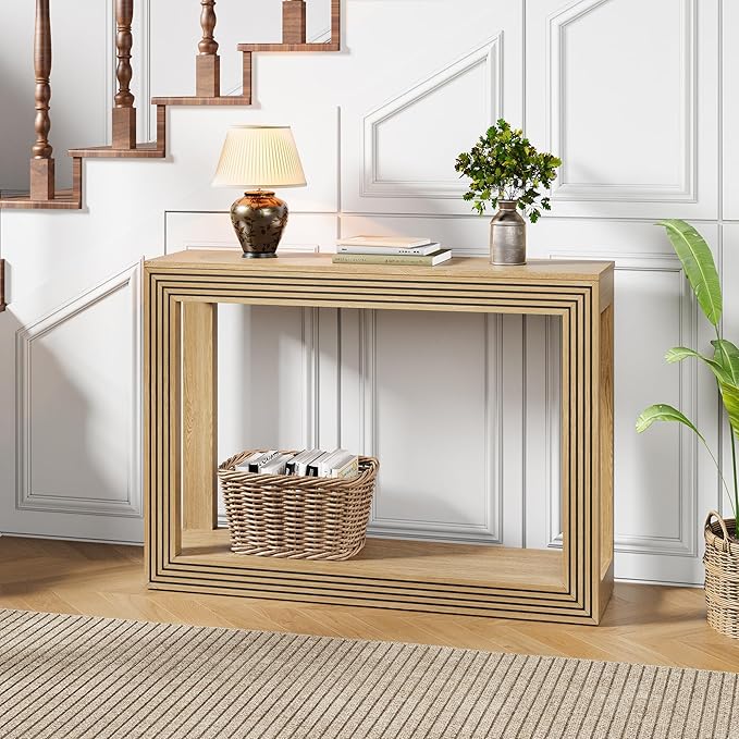 Mid-Century Fluted Console Table with Storage, Narrow Wooden Entryway Sofa Table Behind The Couch Small Entry Table for Entryway, Front Hall, Hallway Living Room, Natural