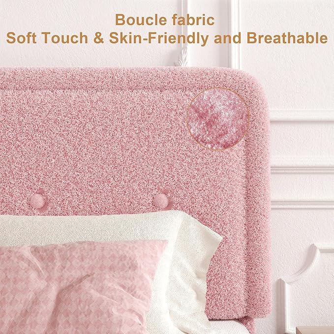 Queen Size Boucle Platform Bed Frame, Anti-Collision Soft Rounded Corners, Adjustable Headboard, No Box Spring Needed, Easy Assembly, Noise Free, Pink