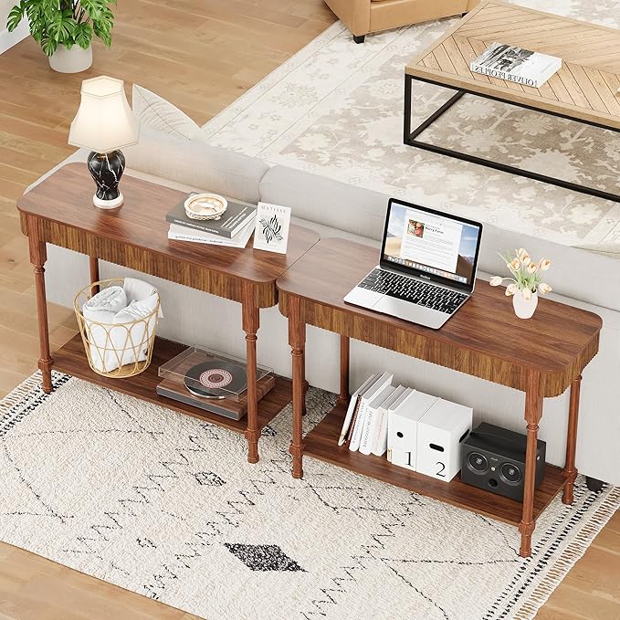 43.3” Console Table with 2 Drawers, Modern Retro Entryway Table with Fluted Panel & Storage Shelf, Narrow Wood Behind Couch Sofa Table for Living Room, Foyer, Hallway(Walnut)