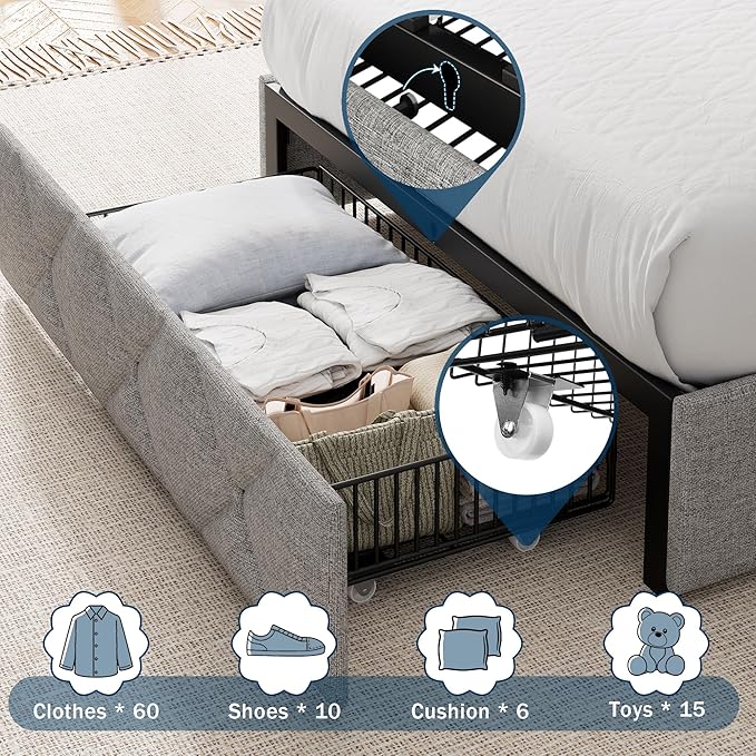 Twin Bed Frame with 4 Storage Drawers, Upholstered Platform Bed with Charging Station, Modern Wingback Storage Headboard, Easy Assembly,Noise-Free, Light Gray