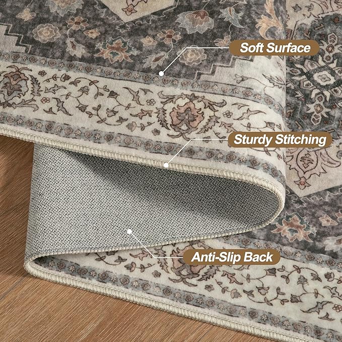 Tangsoo Vintage 2x3 Washable Rug Entryway Door Mat Small Carpet Indoor Front Door Entrance Kitchen Bedroom Bathroom Grey/Brown Non Slip Print Soft Low Pile Print Distressed