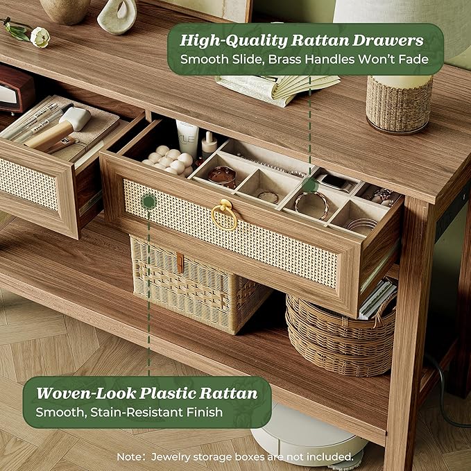 SUPERJARE Rattan Console Sofa Table with Outlets and USB-C Port, 2 Drawer Entryway Table with Synthetic Rattan Surface, 39 Inch, Open Shelf, Behind Couch Entry Foyer Hallway Storage, Brown