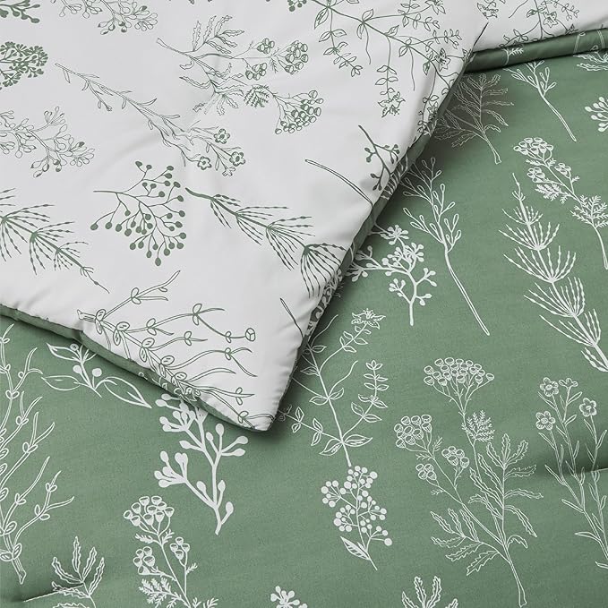 Bedsure Queen Comforter Set - Green Bed Set, 3 Pieces Cute Floral Bedding, 1 Soft Reversible Botanical Flowers Comforter and 2 Pillow Shams