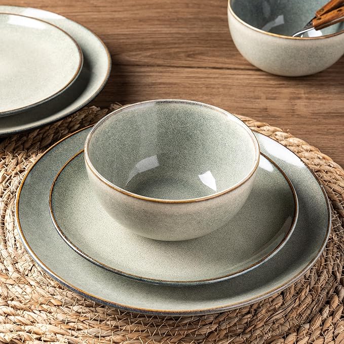 AmorArc Ceramic Dinnerware Sets for 8, 24 Pieces Handpainted Stoneware Plates and Bowls Set, Scratch Resistant Dishes Set, Dishwasher & Microwave Safe, Reactive Color