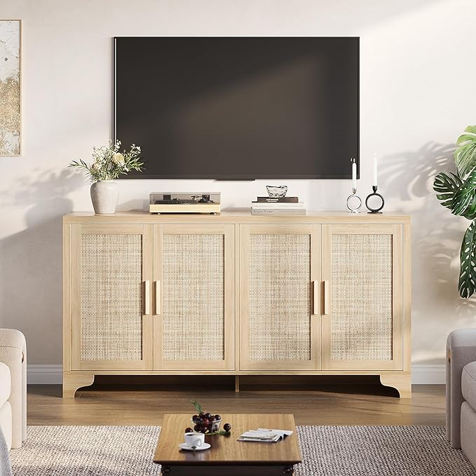 GAOMON TV Stand for TVs Up to 70'', Natural Rattan Entertainment Center with Storage Cabinets, Boho Media Console Table for Living Room, Farmhouse Cabinet