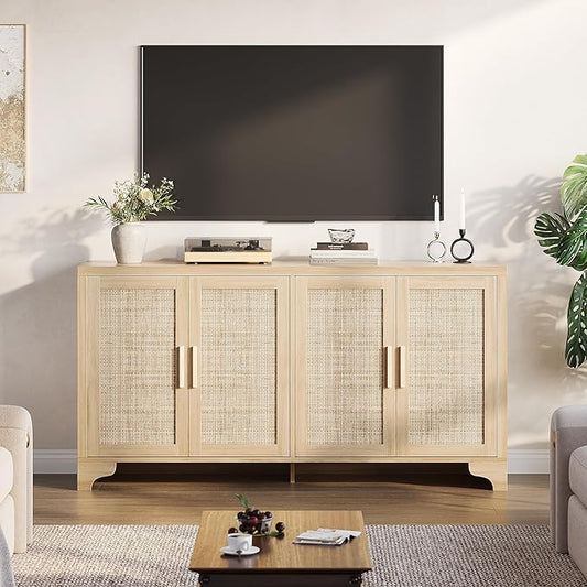 GAOMON TV Stand for TVs Up to 70'', Natural Rattan Entertainment Center with Storage Cabinets, Boho Media Console Table for Living Room, Farmhouse Cabinet