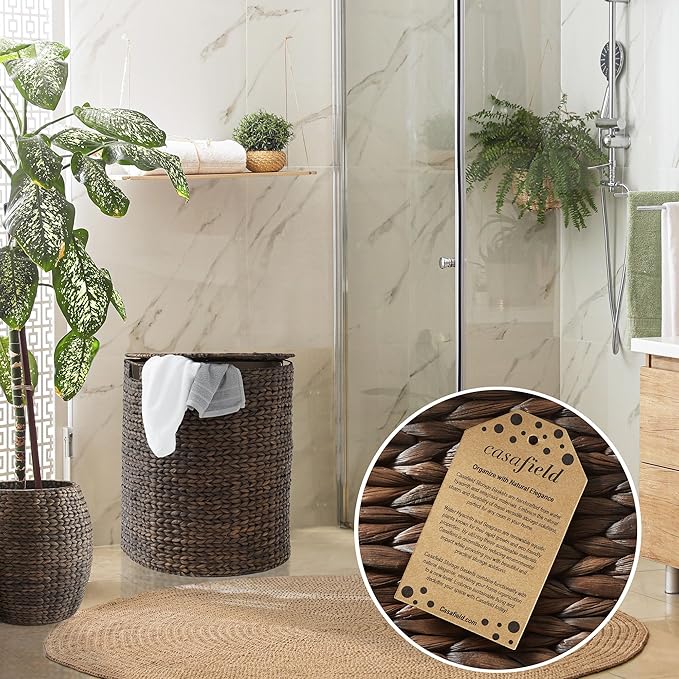 Casafield Half Moon Laundry Hamper with Lid and Removable Liner Bag - Espresso, Woven Water Hyacinth Laundry Basket for Clothes and Towels