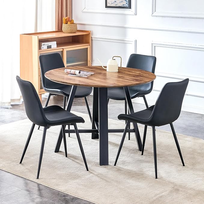 Dining Table Set for 4, Round Kitchen Table Chairs Set for 4,Modern 42" Round Wood Dining Room Table Set PU Leather Chairs for Small Space Apartment Kitchen Living Office