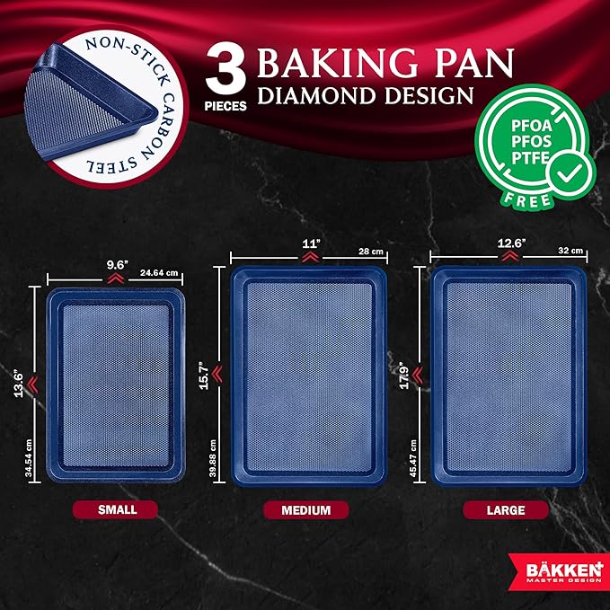 BAKKEN Kitchen Baking Pan - Small, Medium, and Large Cookie Sheet (13.58×9.65, 15.75×11, 17.91×12.60), Nonstick, Diamond Texture Bottom, PFOA, PFOS, PTFE Free, Oven Safe Tray (450°F), Pack of 3, Blue