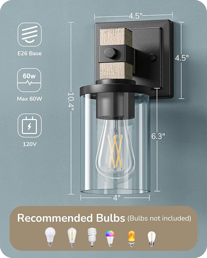 EDISHINE Wall Sconces Set of 2, Farmhouse Vanity Lights for Bathroom, 1-Light Wall Light Fixtures, Industrial Wall Mount Lighting Lamps with Clear Glass Shade for Bedroom Living Room Mirror Hallway