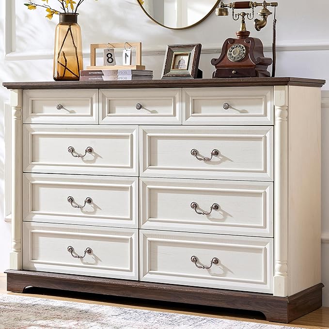 Farmhouse 9 Drawer Dressers for Bedroom, 54" Wood Dresser with Deep Drawers & Roman Column, Big Chest of Drawers for Living Room, Hallway, Antique White