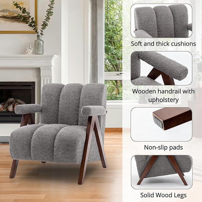 Mid Century Modern Accent Chairs Set of 2 with Solid Wood Frame, Boucle Upholstered Living Room Chairs with Thick Cushion, Comfy Tufted Arm Chair for Bedroom, Grey